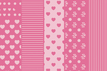 A pink and light pink background with hearts, stripes, dots and abstract shapes in vertical patterns