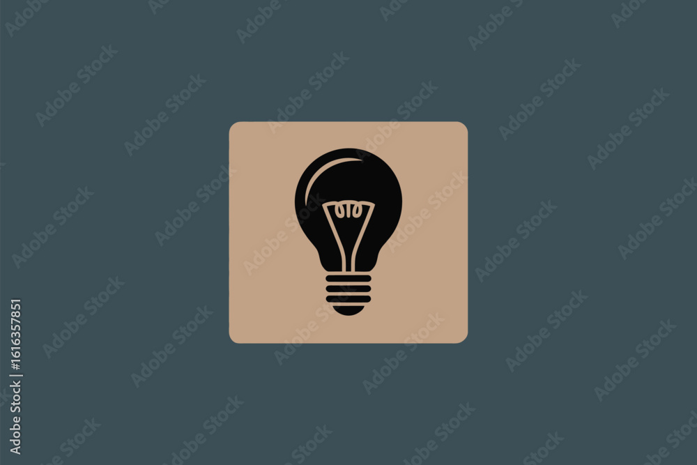 Poster a black lightbulb icon on a tan square with rounded corners against a dark gray background plain ima