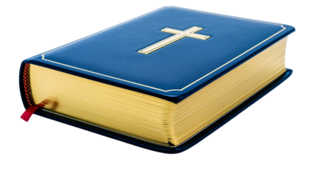 Blue Leather-Bound Bible with Cross Emblem: Religious Book, Christian Scripture, Holy Text isolated on transparent background