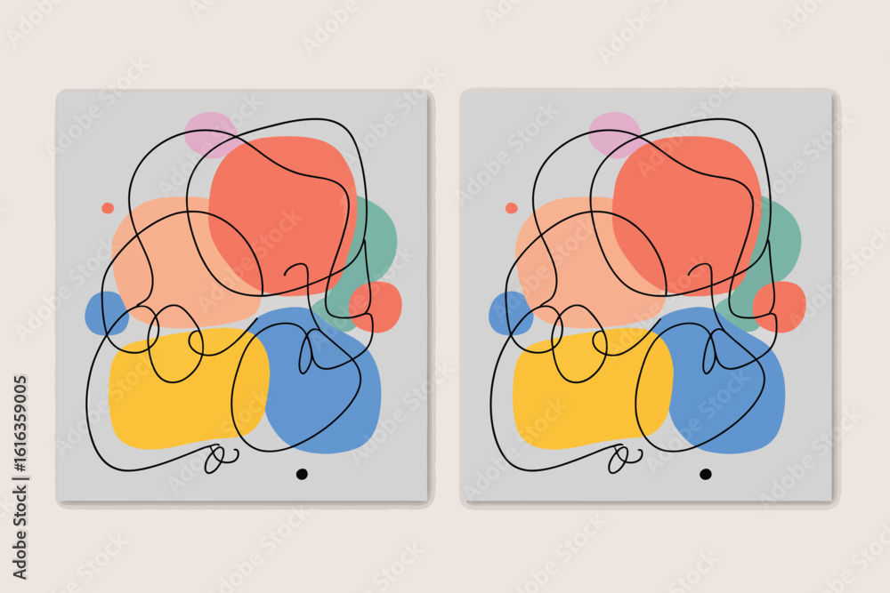 Poster two abstract art pieces featuring colorful shapes and a continuous black line on a light gray backgr