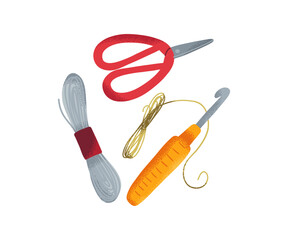 Knitting tools set with yarn, crochet hook and scissors isolated on white background. Hand drawn illustration for hobby, craft and handmade themes.