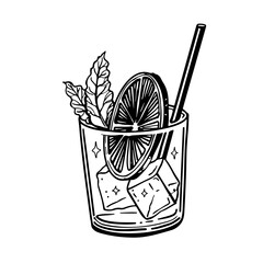 Hand Drawn Lowball Cocktail Glass with Ice Lemon Slice Mint Leaves and Straw Black and White Line Art Illustration of Refreshing Summer Drink for Bar Menu and Mixology Design