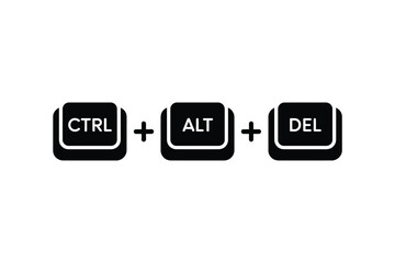 An illustration showing the ctrl alt del keyboard command in black and white computer keys on a white background