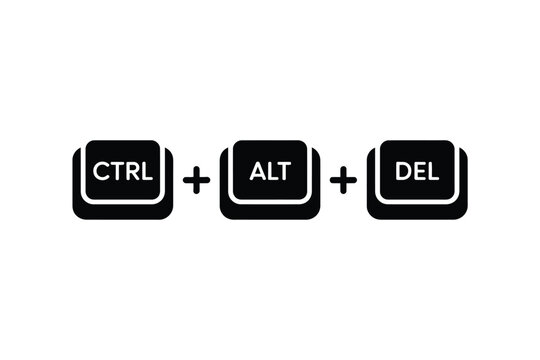 An illustration showing the ctrl alt del keyboard command in black and white computer keys on a white background