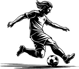 Stylized illustration of an athlete in action, dynamically postured to kick a soccer ball, exuding energy and focus, with expressive lines and vibrant shades adding depth 