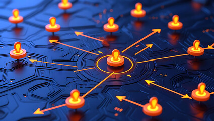 Network Connection Structure Illustrating Centralized Hub and Spoke Topology for Data Flow and Communication System Representation with Orange Arrows