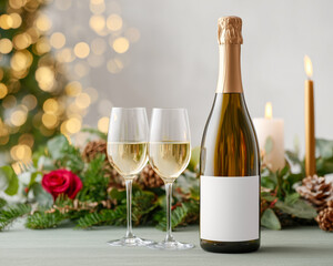 Elegant holiday scene with a bottle of sparkling wine with blank mockup label and two glasses set against a festive backdrop with pine branches, candles, and red roses