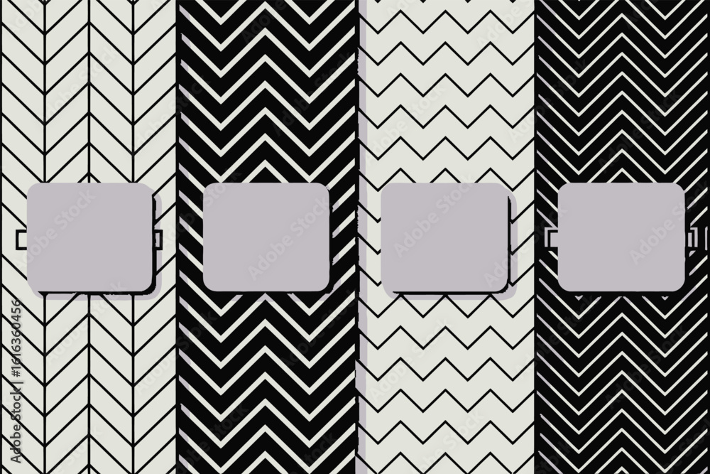 Poster a set of four panels displaying black and white chevron and herringbone patterns with gray placehold