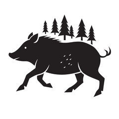 Running Wild Boar Silhouette with Pine Trees in the Background for Nature and Wildlife Design Projects