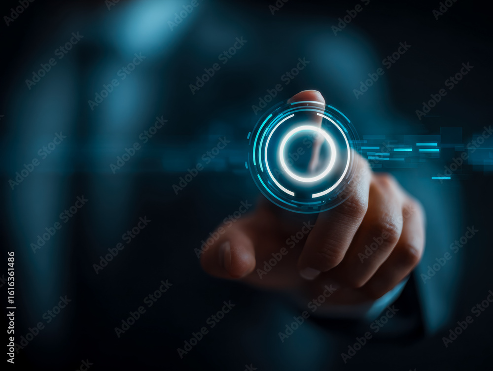 Poster futuristic digital interface with a hand pressing a glowing button