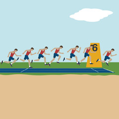 Illustration of a runner sprinting from starting block with number six on a track under a cloudy sky