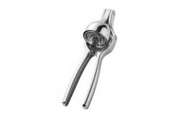 Shiny metal lemon squeezer isolated on transparent background for fresh juice