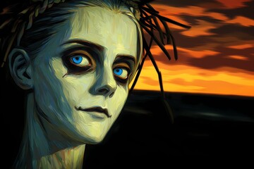 Pale-faced gothic beauty dressed in black, with intense gaze and eerie silence, evoking horror elegance and dark fascination.