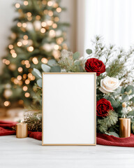 Blank vertical frame mockup with golden border stands among Christmas decor with greenery and roses