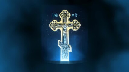 Eastern Orthodox cross with glowing light and dust particles for Christian faith and Easter holiday concept animation.
