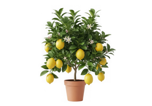 Small lemon tree with ripe fruit in a pot isolated on transparent background