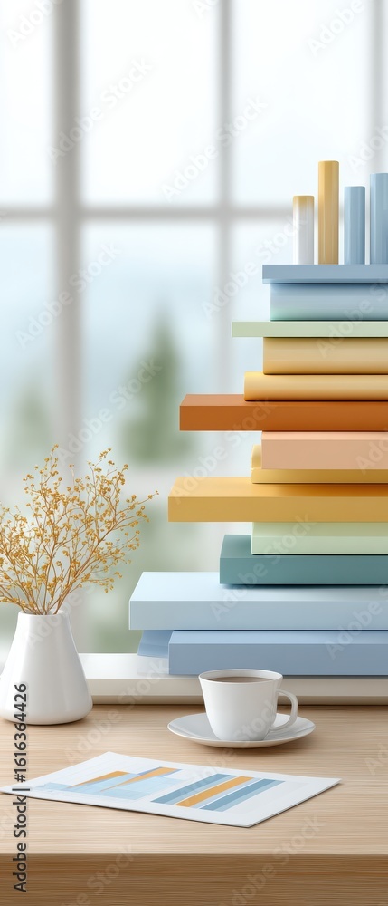 Poster flat design illustration of layered dashboards and stacked books in a modern workspace with soft nat