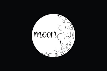 The word moon is written on a stylized drawing of the moon against a black backdrop