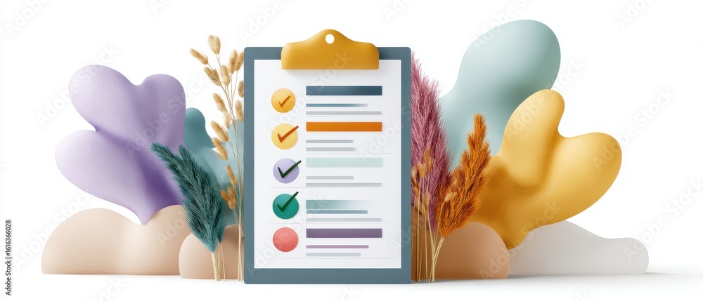 Poster modern dashboard interface illustration featuring research checklist and colorful graphic elements f