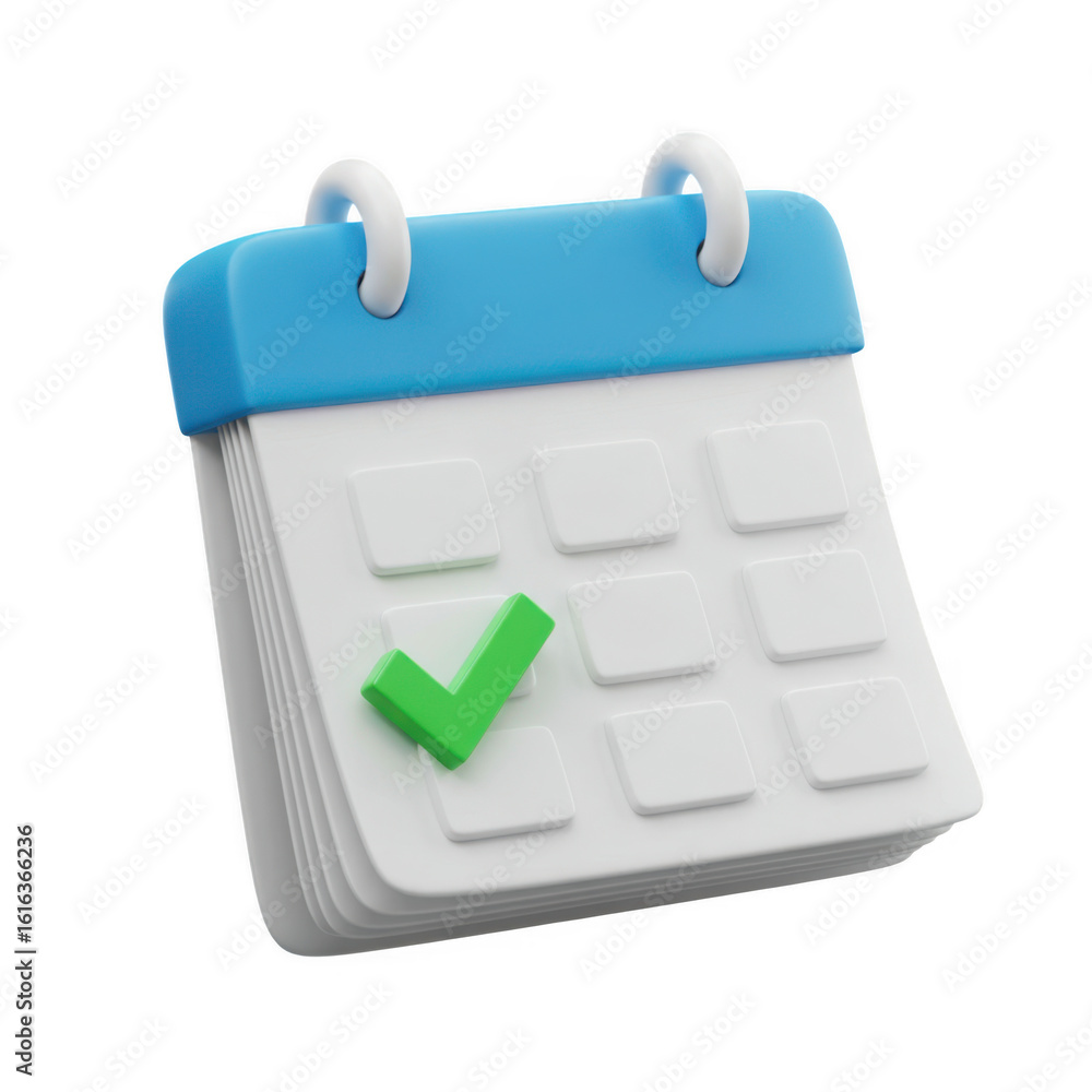 Poster 3d calendar with green checkmark isolated on transparent background