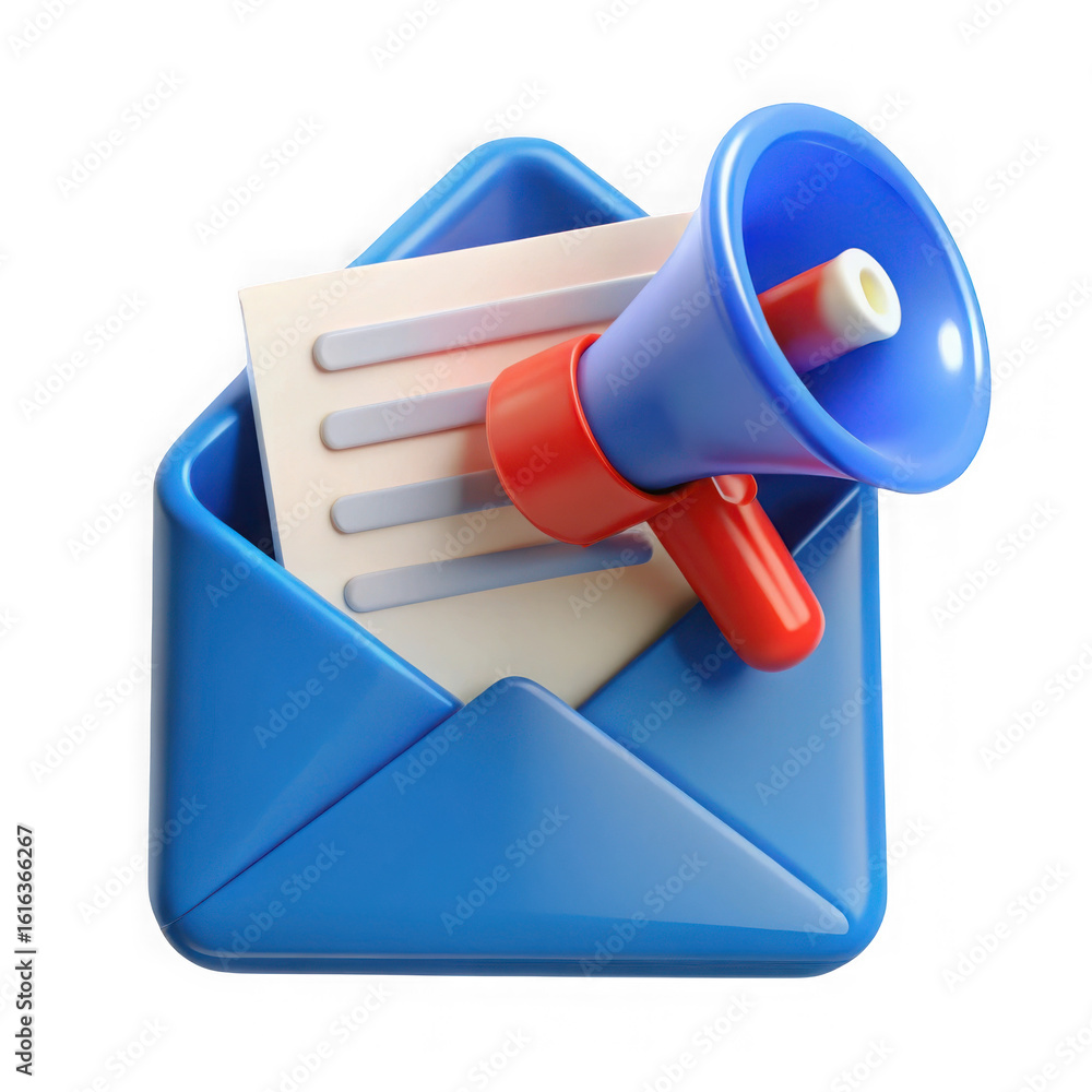 Poster blue envelope with megaphone and document isolated on transparent background