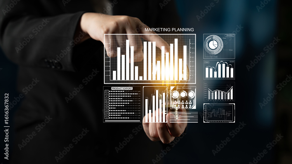 Poster a business professional actively engages in marketing planning, utilizing data analytics and visuali