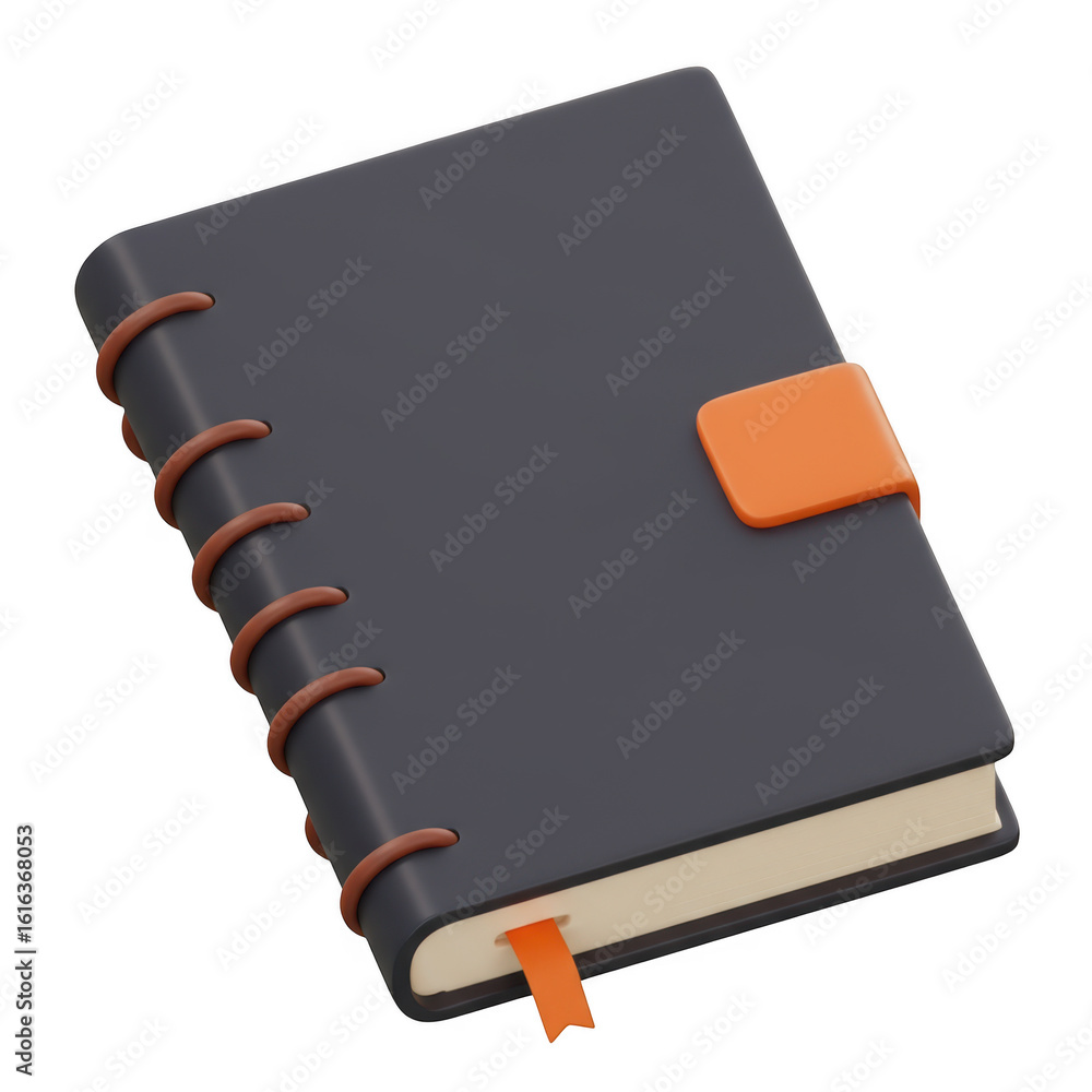 Poster 3d dark gray notebook with orange tab isolated on transparent background