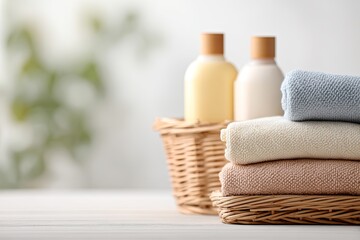 Soft towels stacked neatly beside elegant bottles create serene