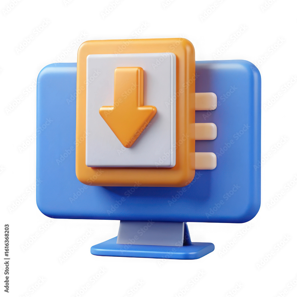 Poster computer screen with download arrow icon isolated on transparent background