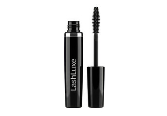 Obraz premium Black mascara tube and brush isolated on transparent background for eye makeup