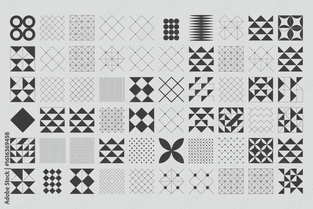 Fototapete array of geometric patterns in black and white including triangles squares circles and lines on gray