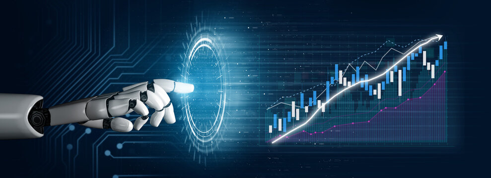 A futuristic robot hand interacts with a glowing digital interface displaying financial graphs, symbolizing innovation and technological progress in data analysis. Impute