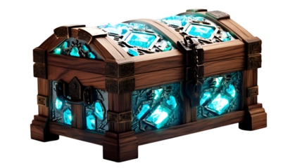 Treasure chest wooden glowing gems fantasy box loot container antique design on transparent background