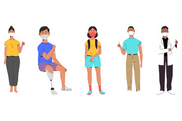 Obraz premium Diverse group of vaccinated people wearing face masks, positive and inclusive vector illustration.
