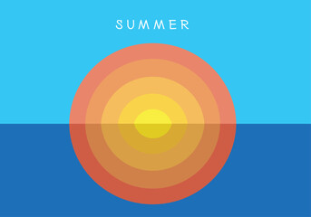 Abstract minimal summer poster, cover, banner, card with bright sun in the blue sky, the sea and modern typography. Summer holidays, journey, vacation travel illustration. Minimalist Summer Sunset 