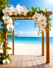 orchid like frame with view to the beach vacation background 