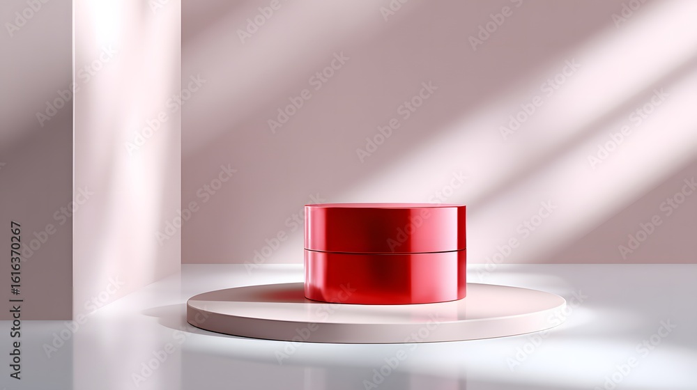 Poster red cosmetic jar placed on a circular platform against a soft pink background, illuminated by gentle