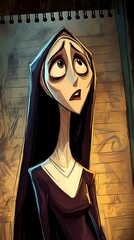 Creepy yet elegant gothic woman in dramatic lighting, embodying a spectral presence with vintage style and ghostly poise.