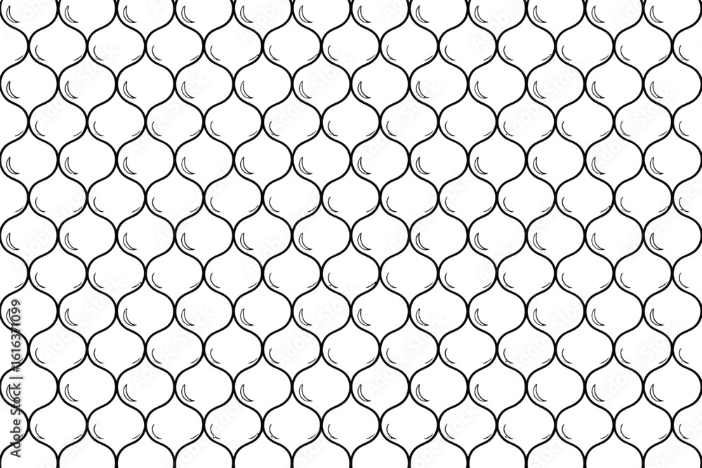 Poster a repeating pattern of black outlined bulbous shapes with crescent highlights on a white background