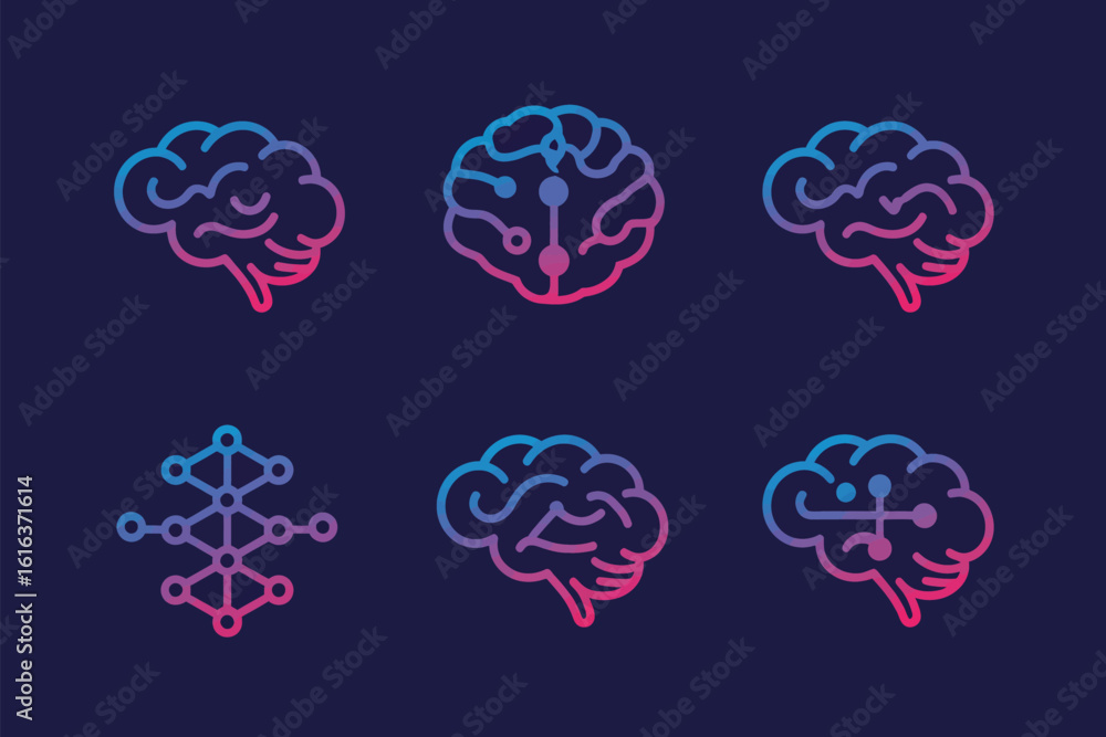 Poster a pattern of stylized brain and network icons in blue and pink gradient on a dark blue background de