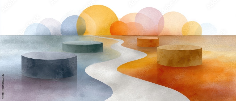 Aufkleber tranquil watercolor illustration of a calm meeting setting with abstract circular forms and soft col