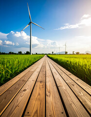 wind turbine on rice field green energy background