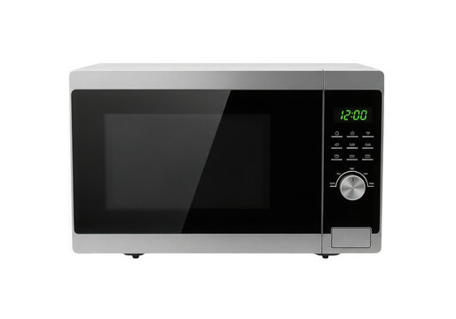 A modern silver and black microwave oven isolated on transparent background
