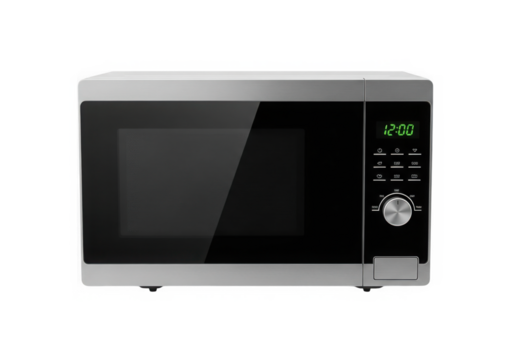A modern silver and black microwave oven isolated on transparent background