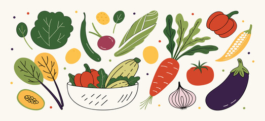 Colorful Hand-Drawn Vegetables: Carrot, Peppers, Eggplant, Bowl of Veggies