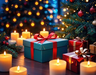 Christmas Gifts and Candles in Festive Holiday Style in Warm Red, Gold, and Blue Tones Representing Cozy Celebration and Seasonal Atmosphere