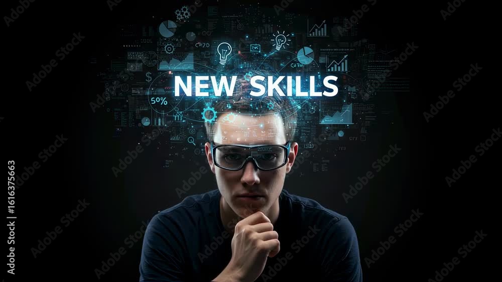 Poster man with glasses and new skills conceptual visualization. digital information and data charts over h