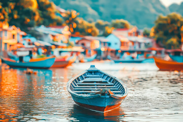 Fototapeta premium Serene harbor scene with colorful boats and a picturesque lakeside village