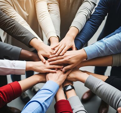 Panoramic Teamwork,empathy,partnership and Social connection in business join hand together concept.Hand of diverse people connecting.Power of volunteer charity work,Stack of people hand.
