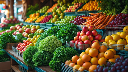 the produce section of a busy grocery store with shelves filled with an abundance of fresh, colorful vegetables and fruits